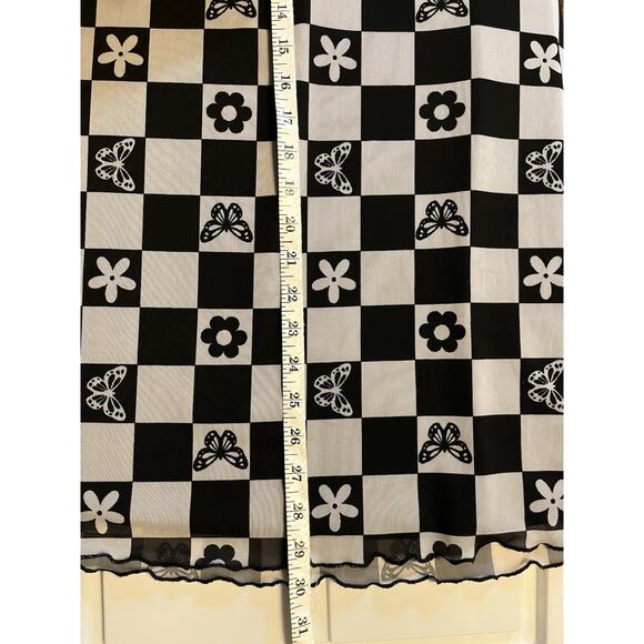 Forever 21 Black White Checkered Midi Pencil Skirt Medium Flower Butterfly Goth - Picture 9 of 9